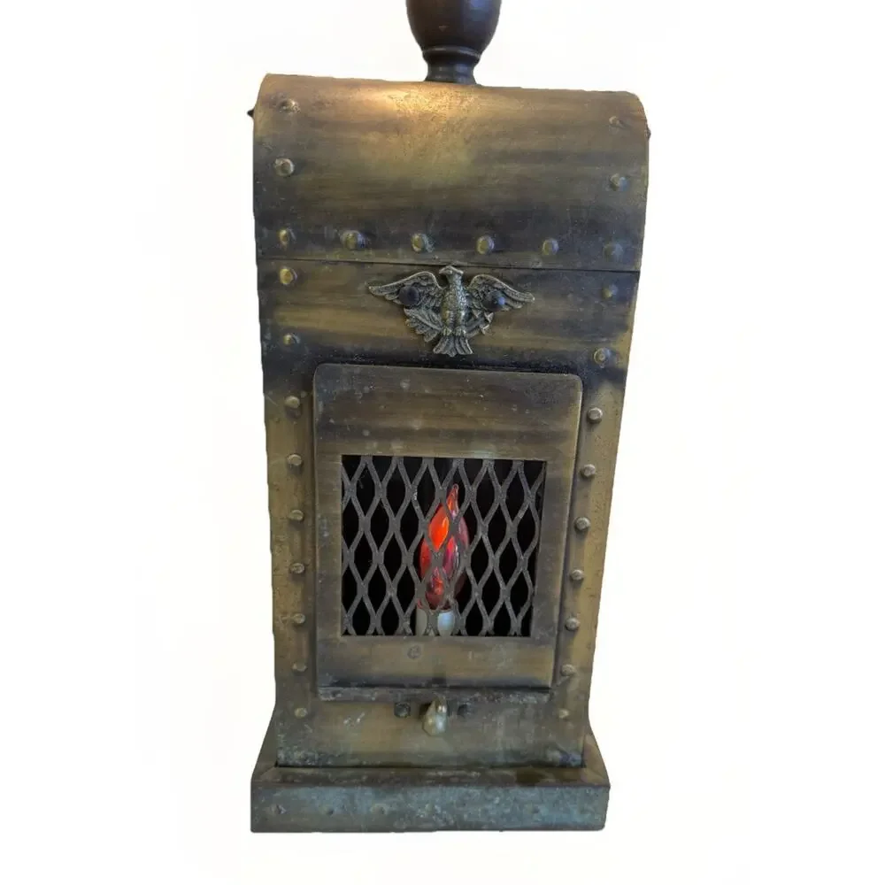 Vintage Gothic Medieval Revival Lantern Table Lamp Brass Wood Eagle 27.5